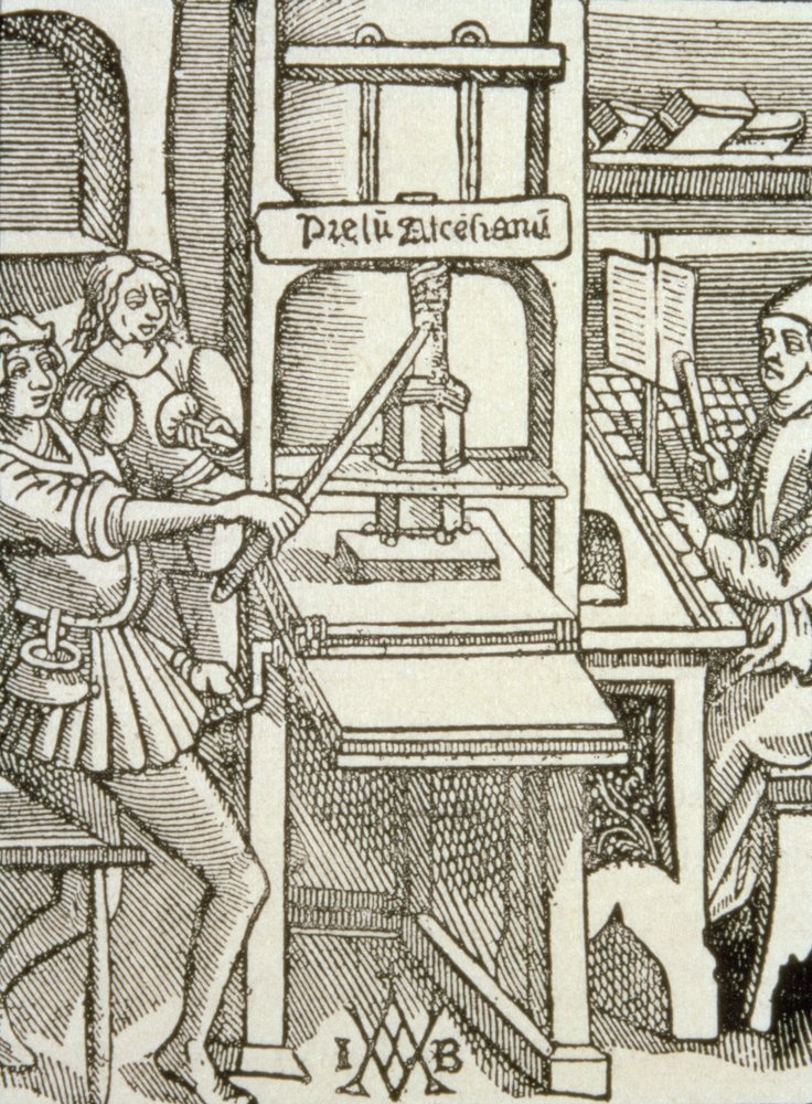 Druckerpresse von 1498, aus einem in diesem Jahr gedruckten Buch von German School