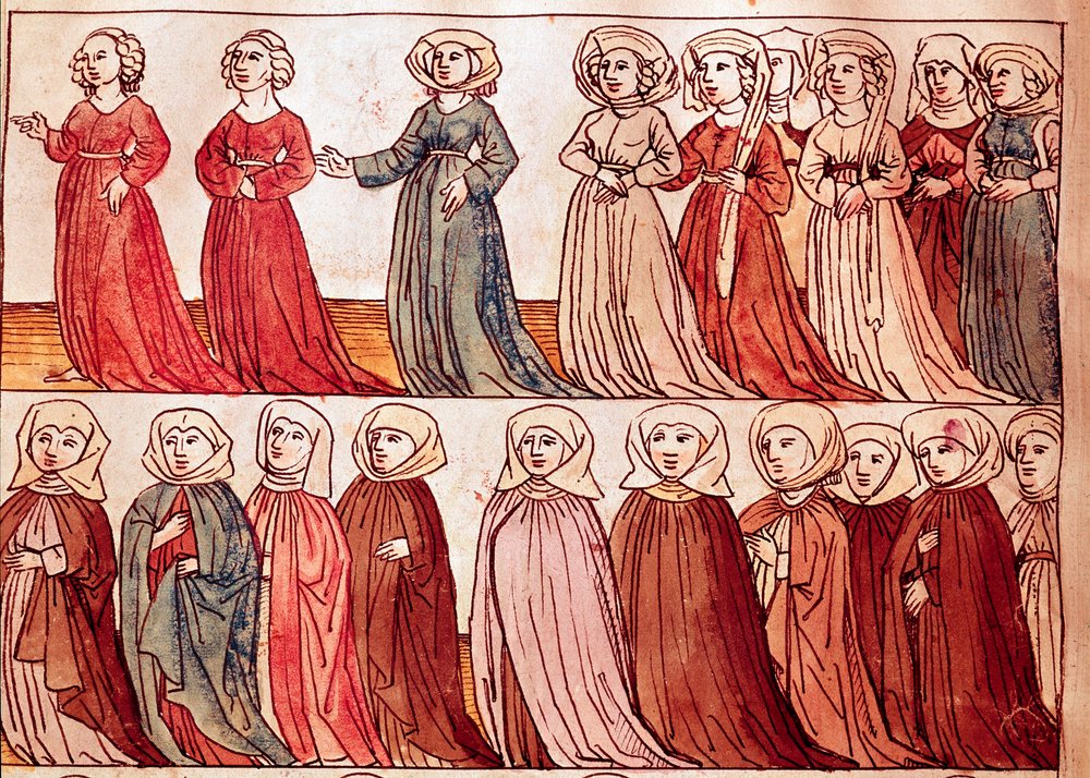 Prozession böhmischer Frauen. Miniatur aus der „Chronik des Konstanzer Konzils“ von Ulrich Richental (1360-1437), um 1438. Prag, Nationalbibliothek von German School