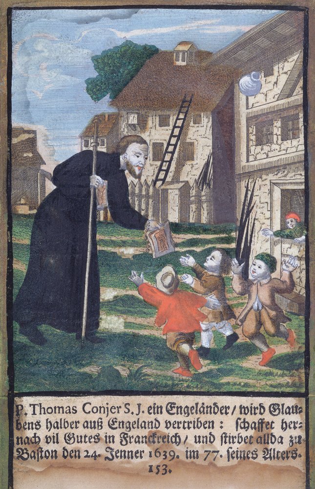 Der Jesuitenpater Thomas Conjer evangelisiert Frankreich, aus dem Martyrologium der Jesuiten, 1688 von German School