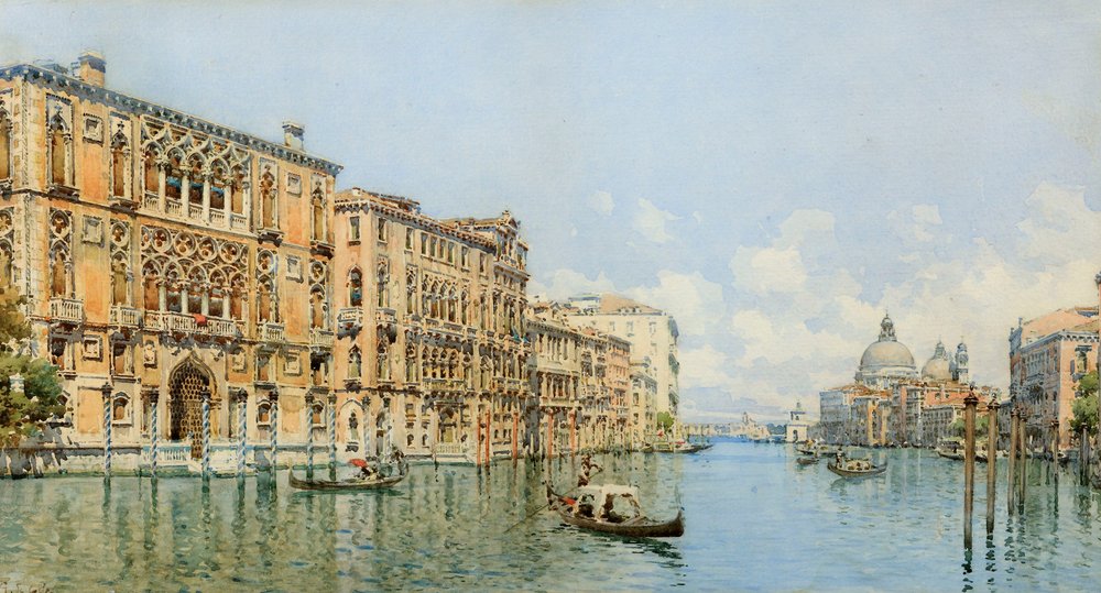 Ein Blick auf den Canal Grande mit Palazzo Cavalli-Franchetti und Santa ...
