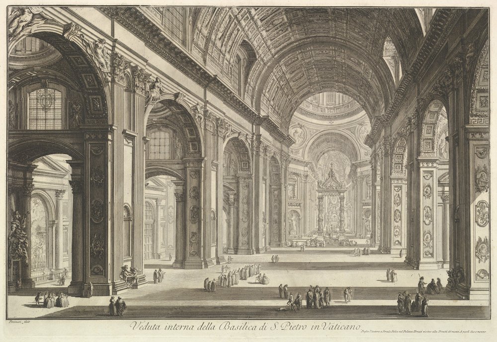 Innenansicht des Petersdoms im Vatikan, aus „Vedute di Roma“ (Ansichten von Rom) von Giovanni Battista Piranesi