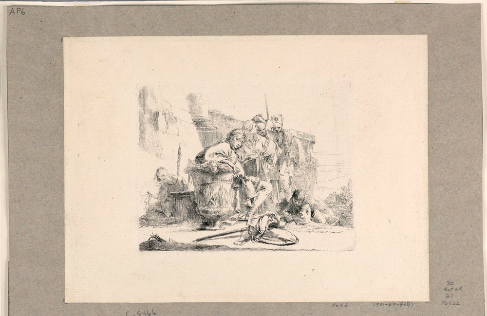 Junger Mann sitzt bei einer Urne und andere Figuren, aus den Vari Capricci von Giovanni-Battista Tiepolo