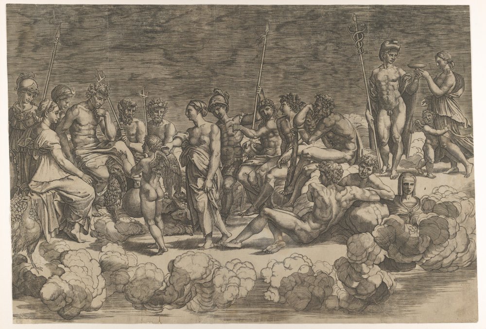 Versammlung der Götter nach der Deckenkomposition in der Loggia di Psiche, Villa Farnesina von Giovanni Jacopo Caraglio
