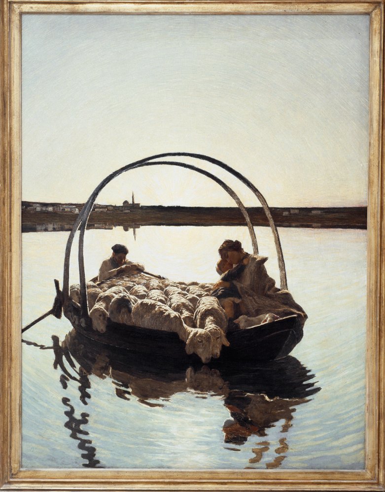 Ave Maria: Eine Mutter hält ihr Kind an sich, während eine Schafherde auf einer Fähre einen Fluss überquert von Giovanni Segantini