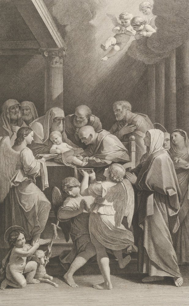 Die Beschneidung Christi, eine Gruppe von Männern, Frauen und Engeln umgeben ihn, ca. 1760-1800 von Giuliano Traballesi