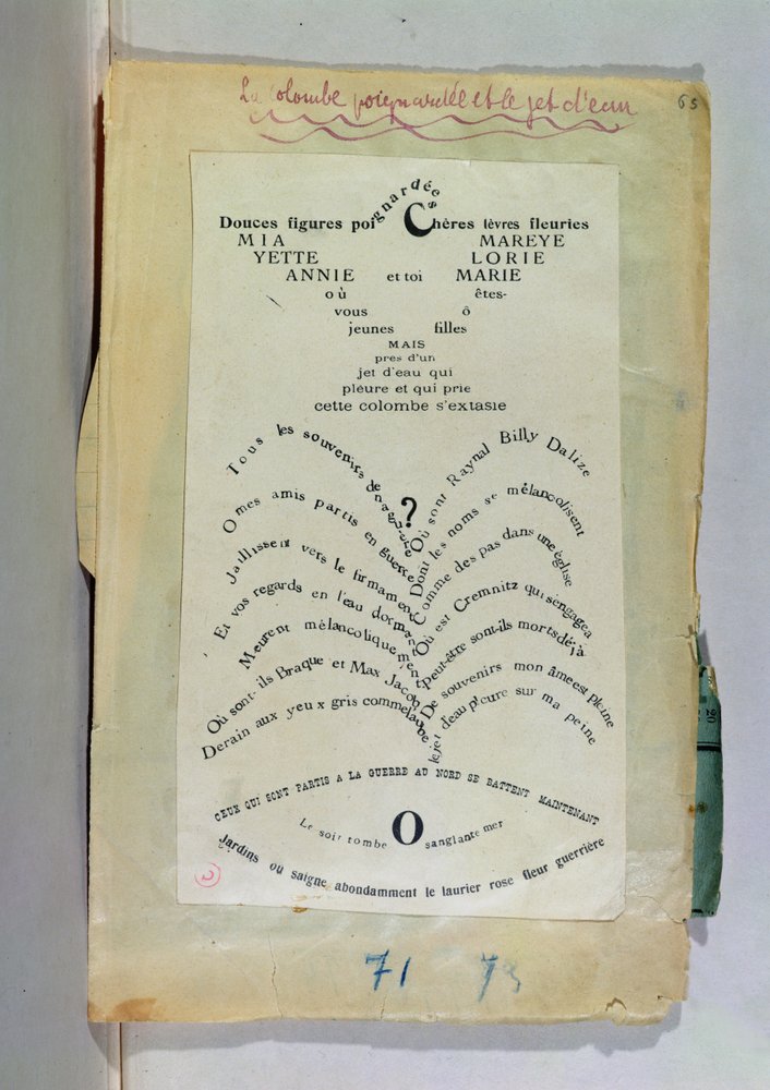 „Die erstochene Taube“ und „Der Wasserstrahl“, zwei Kalligramme von Guillaume Apollinaire
