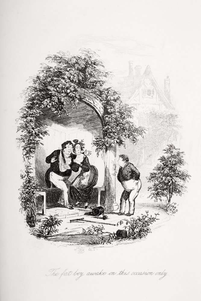 Der dicke Junge, nur bei dieser Gelegenheit wach, Illustration aus „Die Pickwickier“ von Charles Dickens (1812-70), veröffentlicht 1837 von Hablot Knight Browne