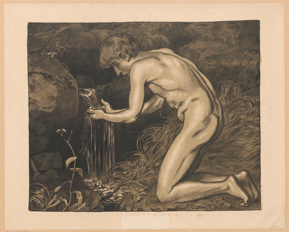 Junger Mann, der Wasser aus einer Quelle schöpft, Akt von Hans Thoma
