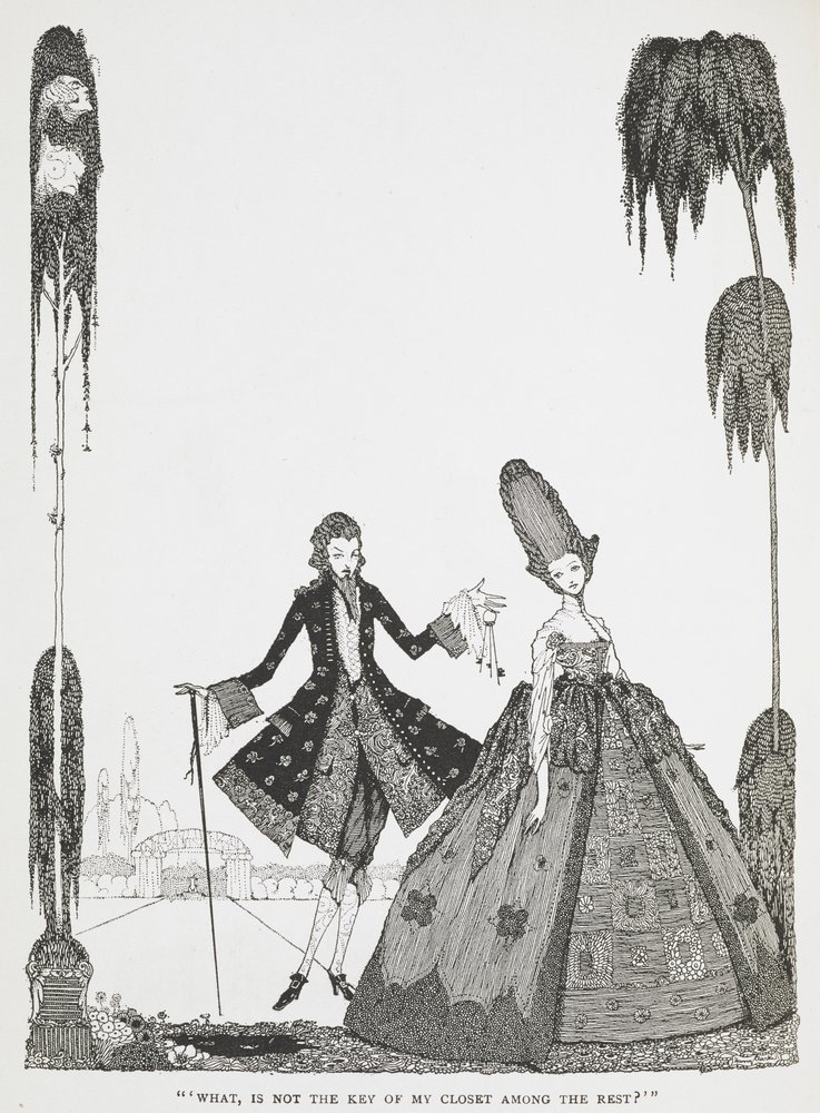 "Was, ist der Schlüssel zu meinem Schrank nicht unter den anderen?" Illustration zur Geschichte 'Blaubart'. von Harry Clarke