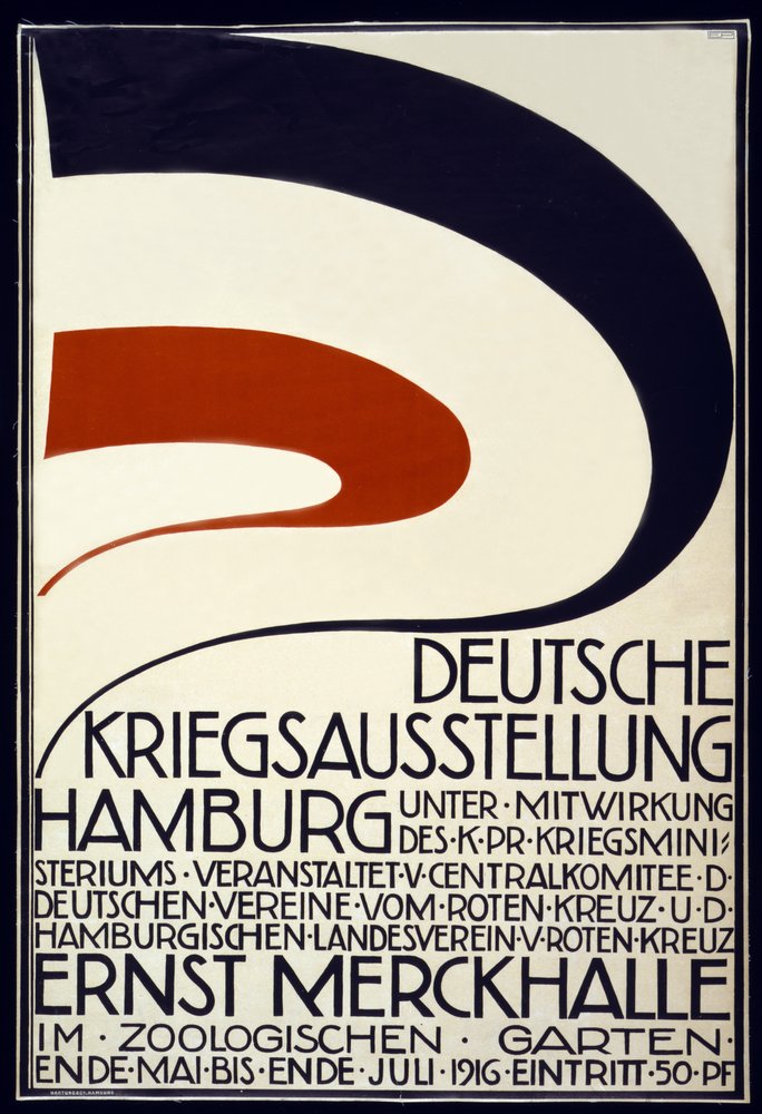 Plakat zur Werbung für eine Kriegsausstellung, gesponsert vom Roten Kreuz, Deutsche Kriegsausstellung, Hamburg Mai - Juli 1916 von Hartung and Co.