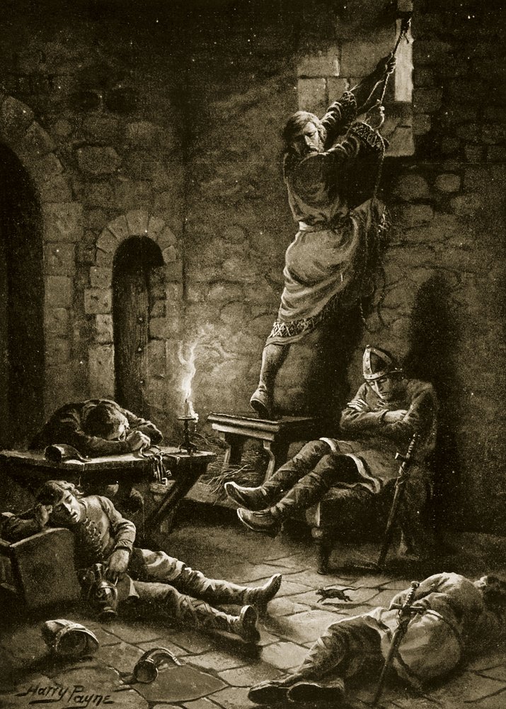 Die Flucht Ralph Flambards aus dem Tower, Illustration aus „Hutchinsons Geschichte der britischen Nation“, ca. 1920 von Henry Payne
