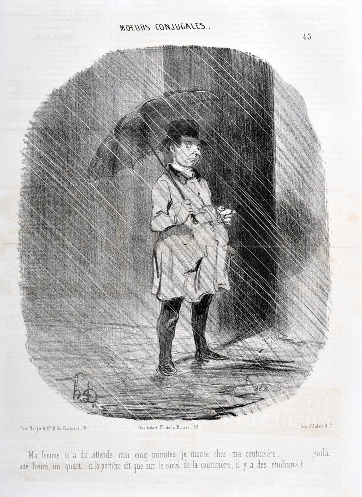 Charivari von 1842: Serie MORES CONJUALES. Meine Frau sagte mir, ich solle fünf Minuten warten, ich gehe zu meiner Schneiderin, vor einer Stunde und einer Viertelstunde, und die Tür sagt, dass auf dem Platz der Schneiderin Studenten sind! MUSEE DES BEAUX A von Honoré Daumier