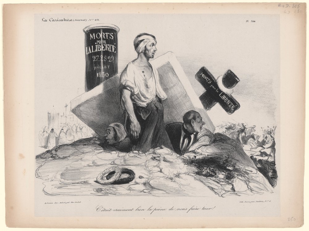 Dafür hat es sich wirklich gelohnt, dass wir uns töten ließen! Tafel 524 aus der Zeitschrift La Caricature von Honoré Daumier