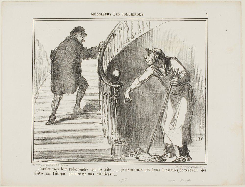 „- Würden Sie bitte sofort zurückkommen... Ich erlaube meinen Mietern nicht, Besucher zu empfangen, nachdem ich die Treppe gereinigt habe,“ Platte 1 aus Messieurs Les Concierges von Honoré Victorin Daumier
