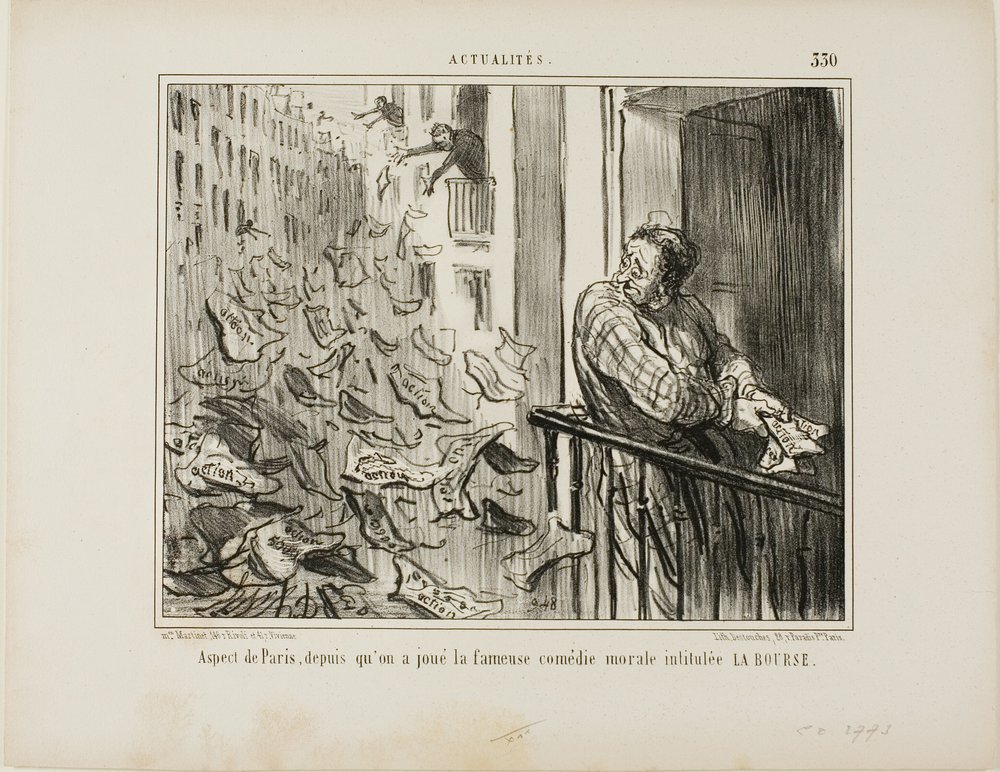 Ansicht der Straßen von Paris nach der Aufführung der berühmten moralistischen Komödie "La Bourse," Platte 330 aus Actualités von Honoré Victorin Daumier