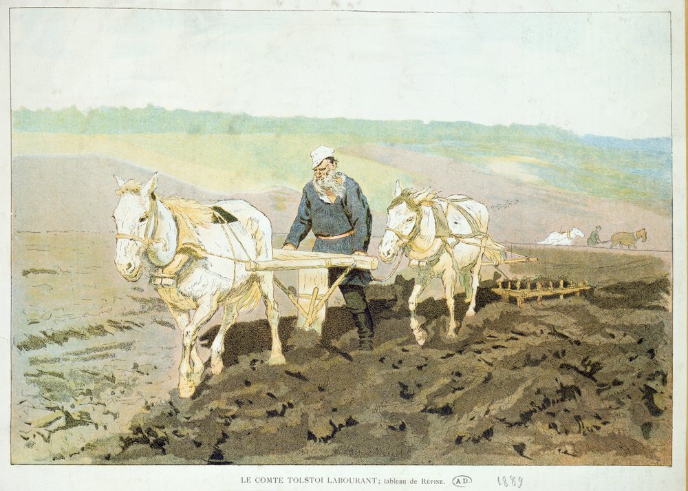 Der Schriftsteller Lew Nikolajewitsch Tolstoi (1828-1910) beim Pflügen mit Pferden, 1889 von Ilya Efimovich Repin