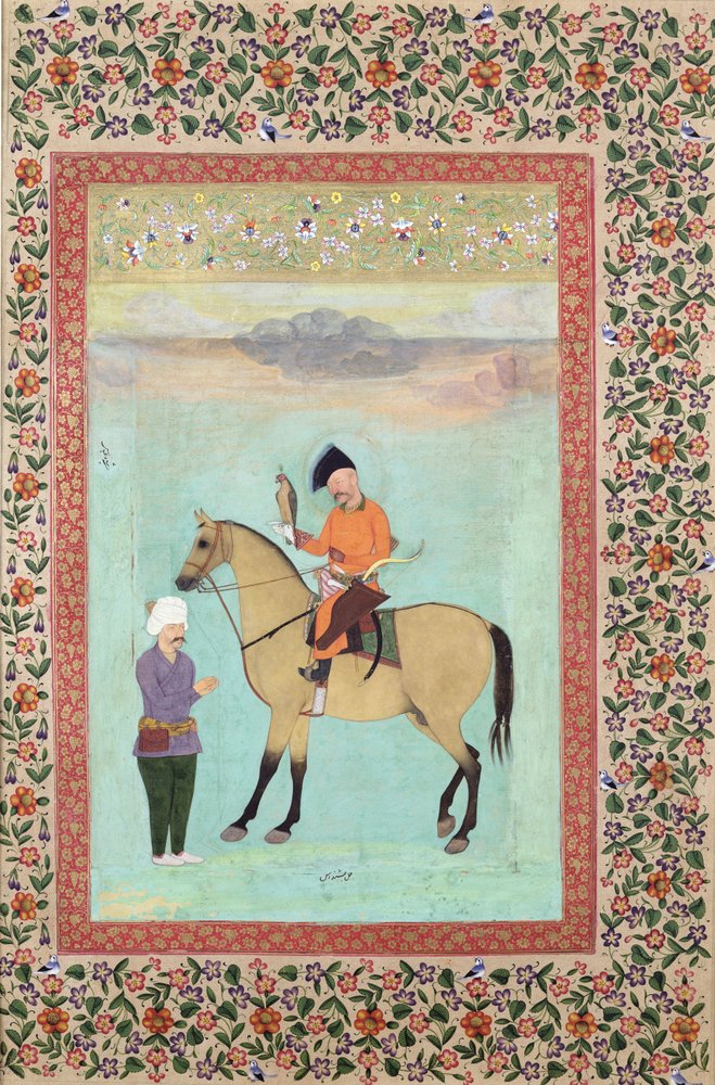 Ms E-14 Shah Abbas (1571-1629) auf einem Pferd mit einem Falken, ca. 1620 von Indian School