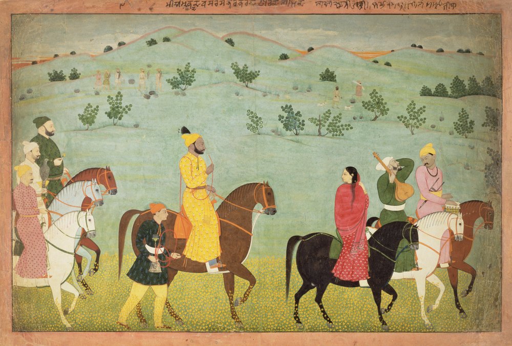 Ein Prinz von Jasrota, möglicherweise Balwant Singh, auf einem Reitausflug, von Nainsukh (tätig 1740-50), Kaschmir, ca. 1751 von Indian School