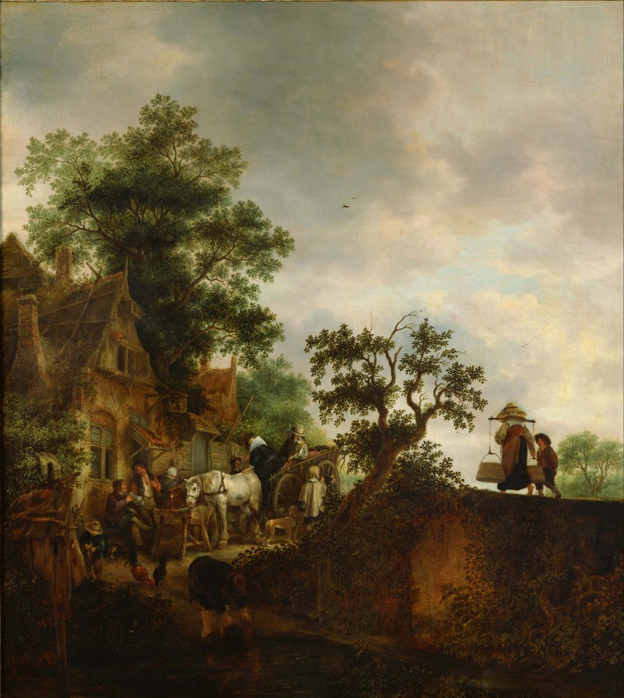 Reisende halten in einem Gasthaus an der Straße an von Isack van Ostade