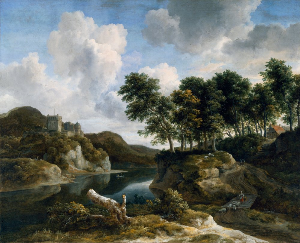 Flusslandschaft mit einer Burg auf einem hohen Felsen von Jacob van Ruisdael