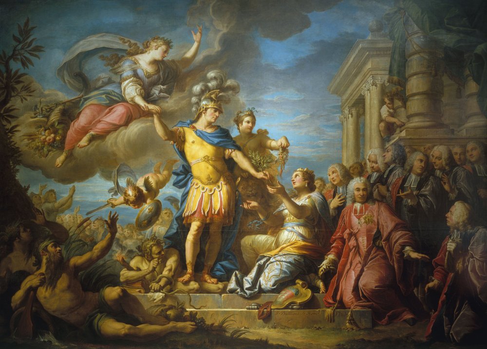 Allegorie zu Ehren der Veröffentlichung des Friedens von Aachen, 13. Februar von Jacques (1701-81) Dumont