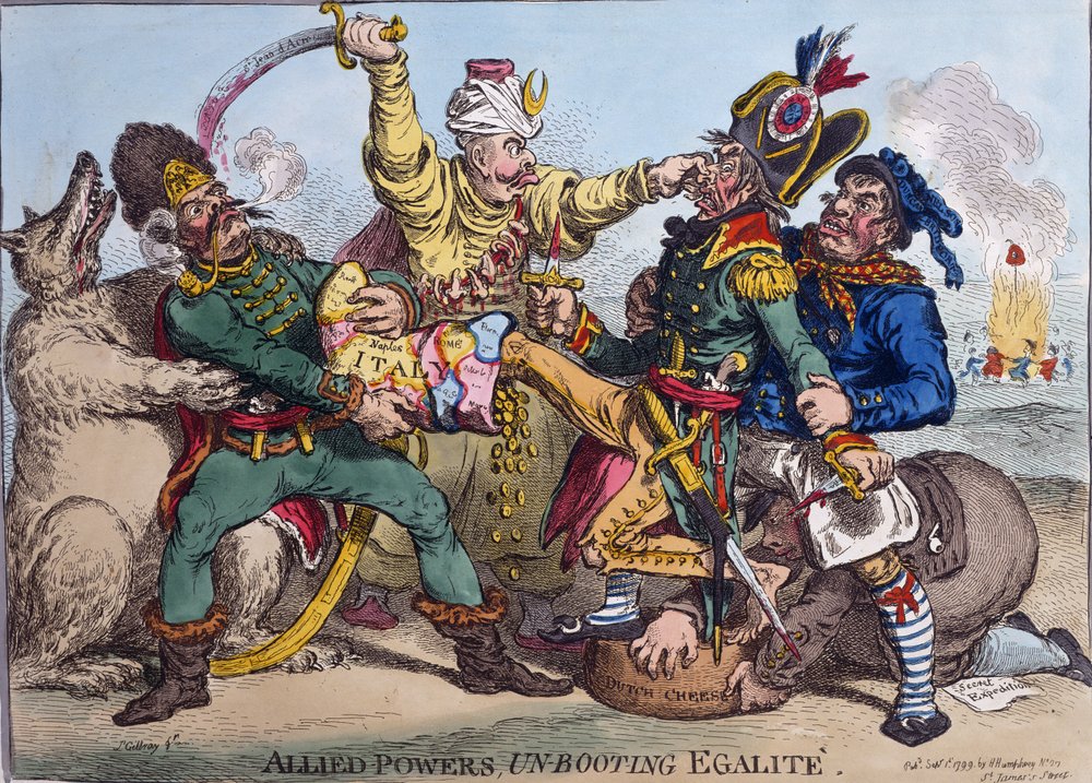 Alliierte Mächte entstiefeln Egalite, veröffentlicht von Hannah Humphrey im Jahr 1799 von James Gillray