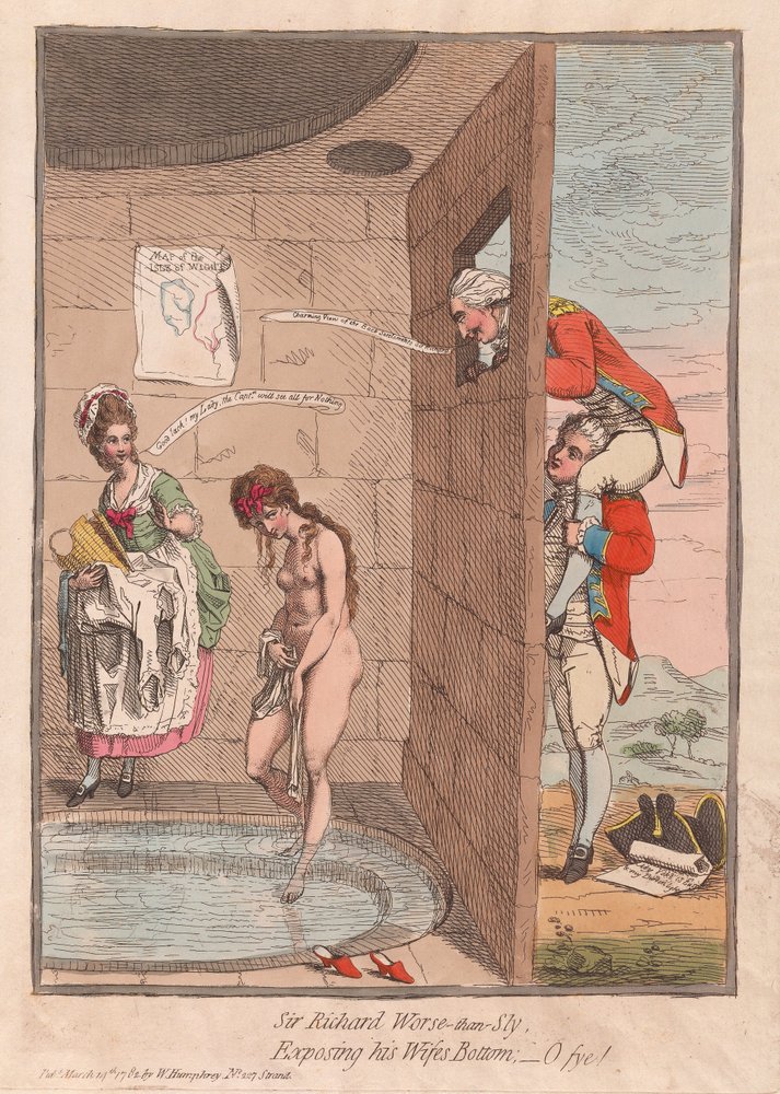Sir Richard Worse-than-Sly entblößt den Hintern seiner Frau - Oh pfui!, veröffentlicht 1782 von James Gillray