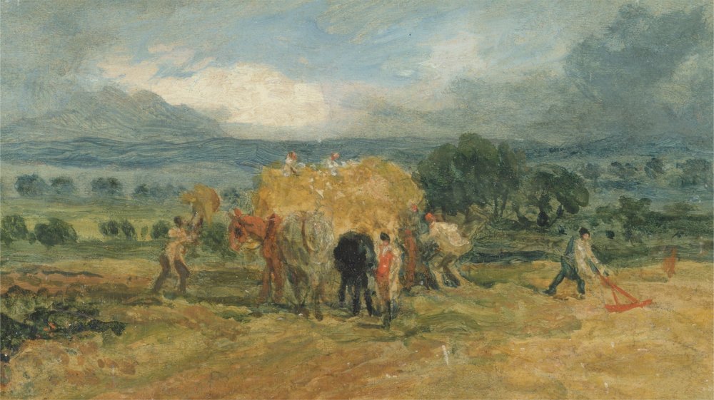 Ernteszene mit Arbeitern, die Heu auf einen Bauernwagen laden von James Ward