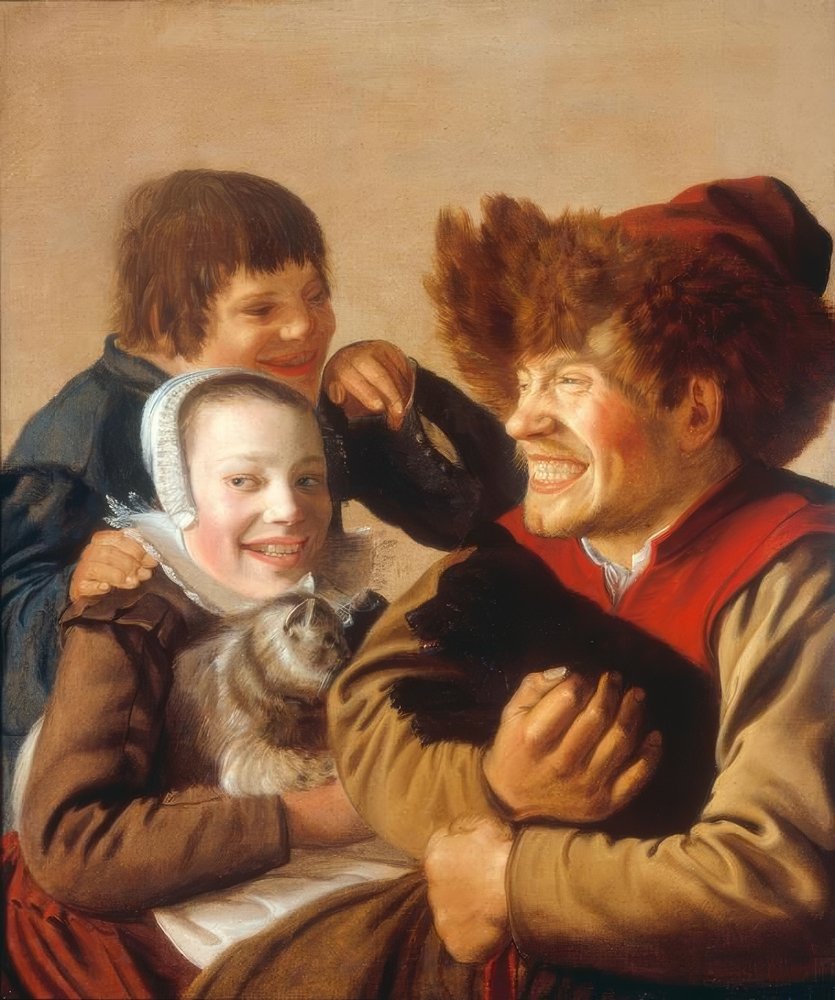 Ein zähnefletschender Mann mit Hund und ein Mädchen mit Katze von Jan Miense Molenaer