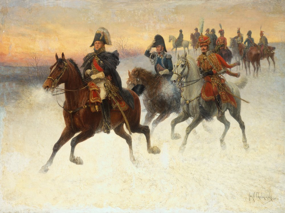 Marschall Ney und Napoleon und ihre Truppen während des Russlandfeldzugs von Jan van Chelminski