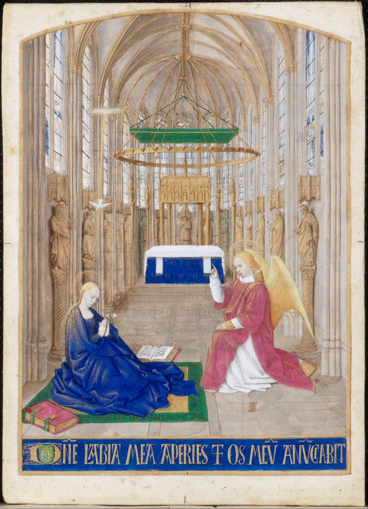 Die Verkündigung, Miniatur aus den Stunden des Étienne Chevalier. Offizium des Heiligen Geistes, Matutin von Jean Fouquet
