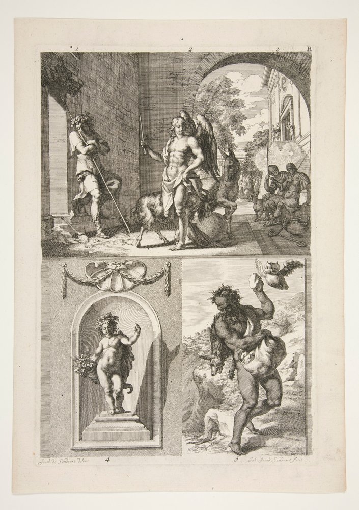 obere Hälfte: Unbekanntes religiöses Thema untere Hälfte: Eine Statue eines Putto in einer Nische und eine Statue eines Fauns in einer Landschaft von Joachim von Sandrart