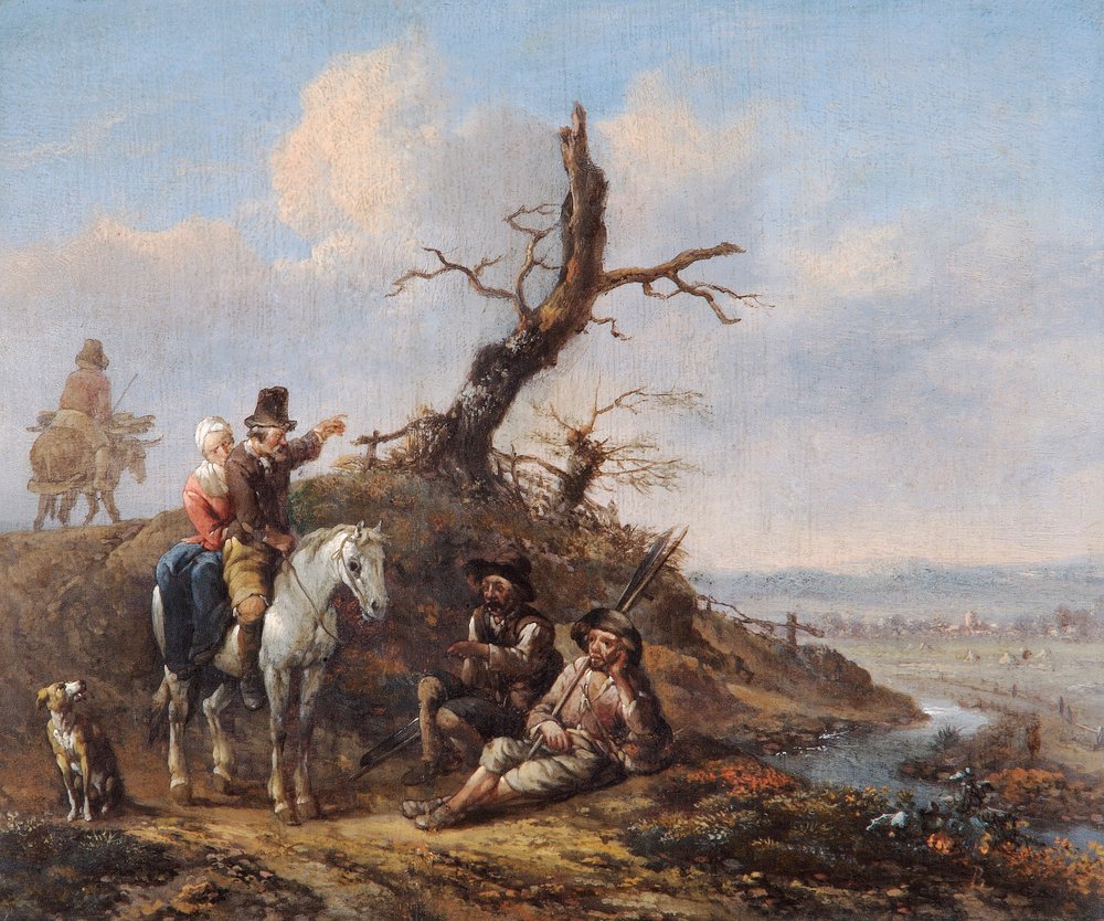 Landschaft mit reisenden Rastenden und Paar zu Pferd von Johannes Lingelbach