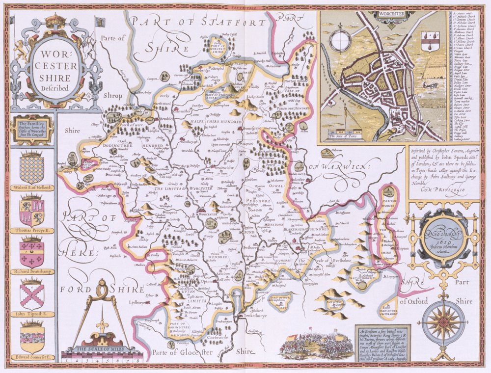Worcestershire, gestochen von Jodocus Hondius (1563-1612), aus John Speeds „Theatre of the Empire of Great Britain“, herausgegeben von John Sudbury und George Humble, 1611-12 von John Speed