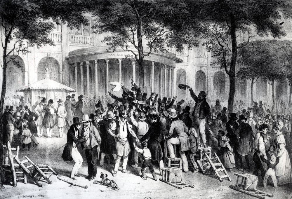 Verlesung der Urteile, die in der Zeitung Moniteur im Garten des Königlichen Palastes in Paris veröffentlicht wurden, 26. Juli von Joseph-Louis Hippolyte Bellange