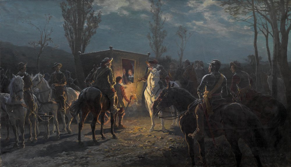 Nachtszene. Reiter halten eine vornehme Kutsche auf von Julius von Blaas  