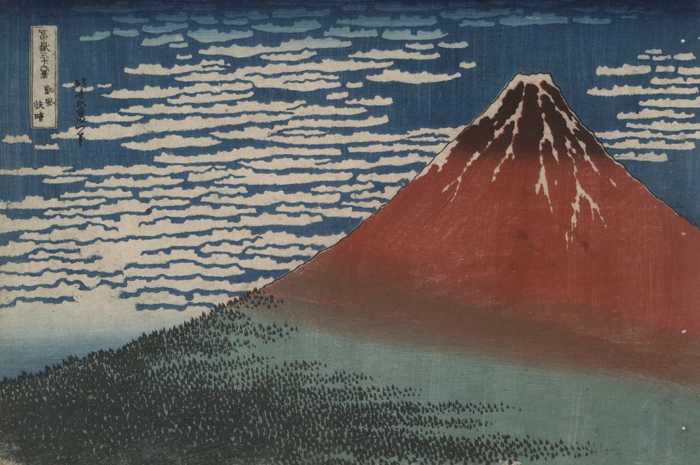 Südwind bei klarem Tagesanbruch, auch bekannt als Roter Fuji, aus der Serie Sechsunddreißig Ansichten des Berges Fuji von Katsushika Hokusai