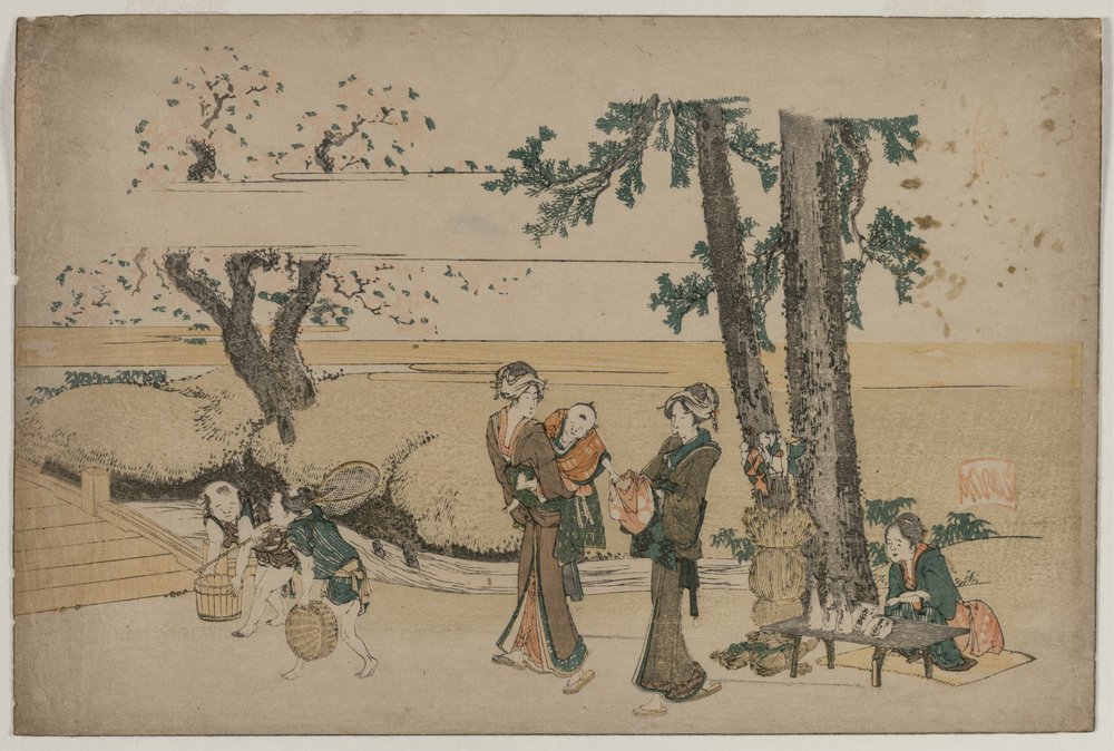 Frau, die an einem Straßenladen in der Nähe von Oji vorbeigeht von Katsushika Hokusai