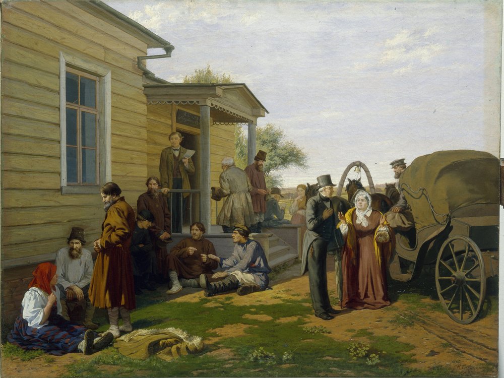 Friedensrichter. Gerichtsgebäude auf dem russischen Land, Bauern warten plaudernd, Juristen sind geschäftig. Gemälde von Konstantin Apollonovich Savitsky (1844-1905). Russische Kunst, 19. Jahrhundert. Regi von Konstantin Apollonovich Savitsky