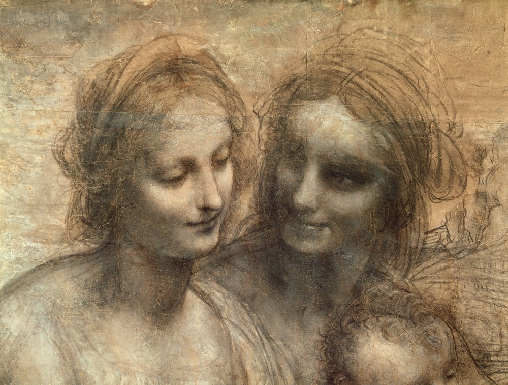 Detail der Köpfe der Jungfrau Maria und der heiligen Anna aus Die Jungfrau mit dem Kind und den Heiligen Anna und Johannes dem Täufer, um 1499 von Leonardo da Vinci