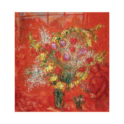 Blumen auf rotem Hintergrund von Marc Chagall