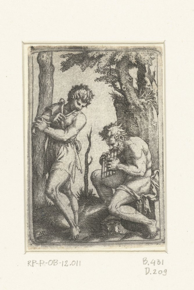 Junger Hirte mit Schalmei und alter Hirte mit Panflöte von Marcantonio Raimondi