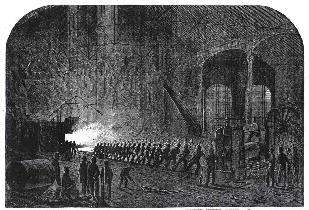 Walzen von Panzerplatten für die Schiffe Ihrer Majestät in den Atlas-Stahlwerken, Sheffield, Illustration aus „The Illustrated London News“, 14. September 1861 von Mason Jackson