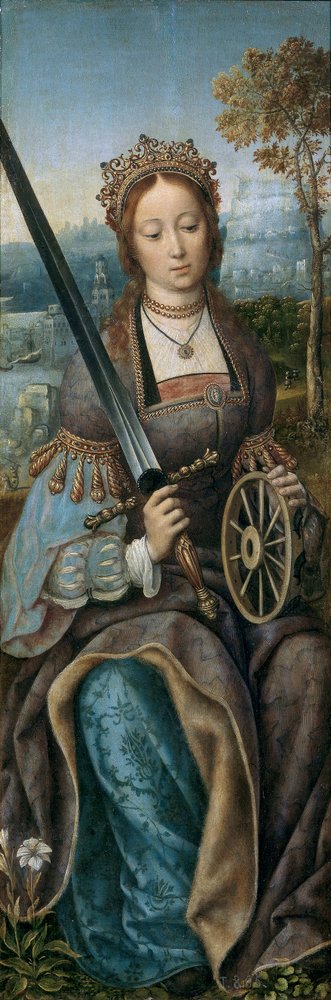 Triptychon der Heiligen Familie mit musizierenden Engeln. Linkes Panel: Heilige Katharina von Master of Frankfurt