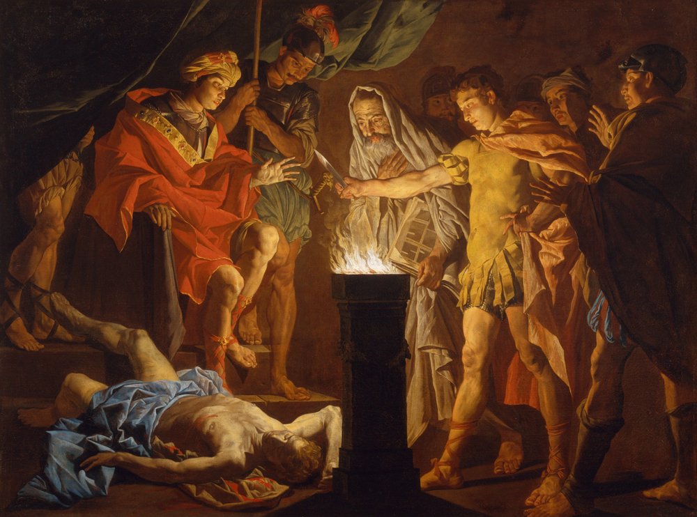 Mucius Scaevola in Anwesenheit von Lars Porsenna, 1640er Jahre von Matthias Stomer