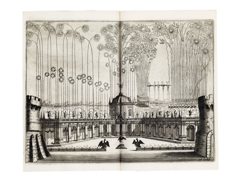 Feuerwerk anlässlich der Hochzeit von Leopold I. und Margarete Theresia von Spanien in Wien, Dezember 1666 von Melchior Küsel