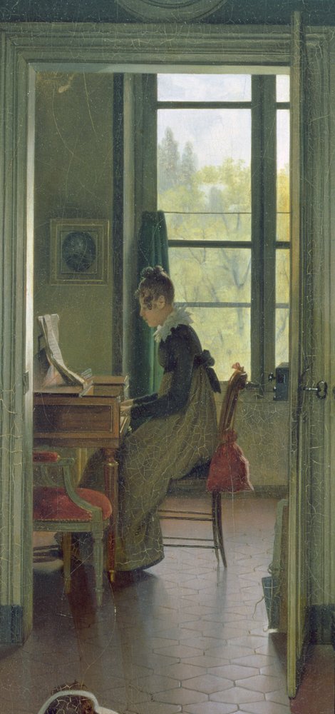 Innenraum eines Speisezimmers, Detail einer Frau, die im Nebenzimmer Klavier spielt, 1816 (Detail) von Michel-Martin Drolling