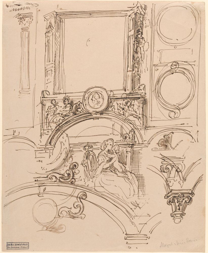 Architektonische Details für eine Wanddekoration mit Kaiserin Maria Theresia, die den jungen Wolfgang Amadeus Mozart umarmt von Moritz Ludwig von Schwind
