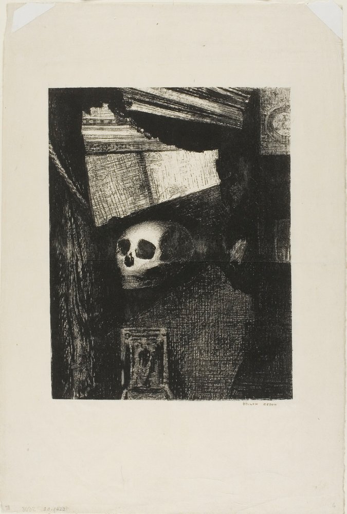Durch eine Öffnung in der Wand erschien ein Schädel, Platte 1 aus Edmond Picards Le Jure von Odilon Redon