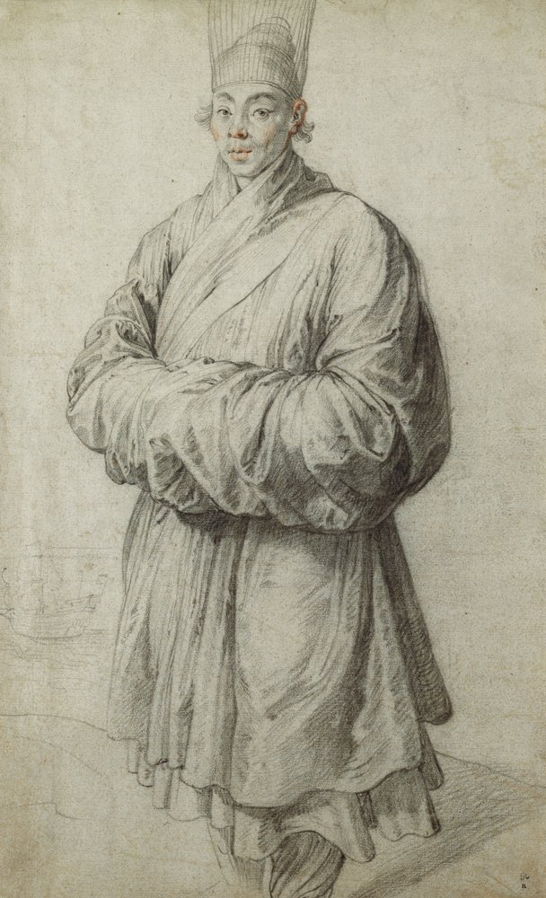 Ein Mann in koreanischer Tracht mit einer transparenten Kopfbedeckung aus Rosshaar, fast in ganzer Figur, links ein Schiff von Peter Paul Rubens